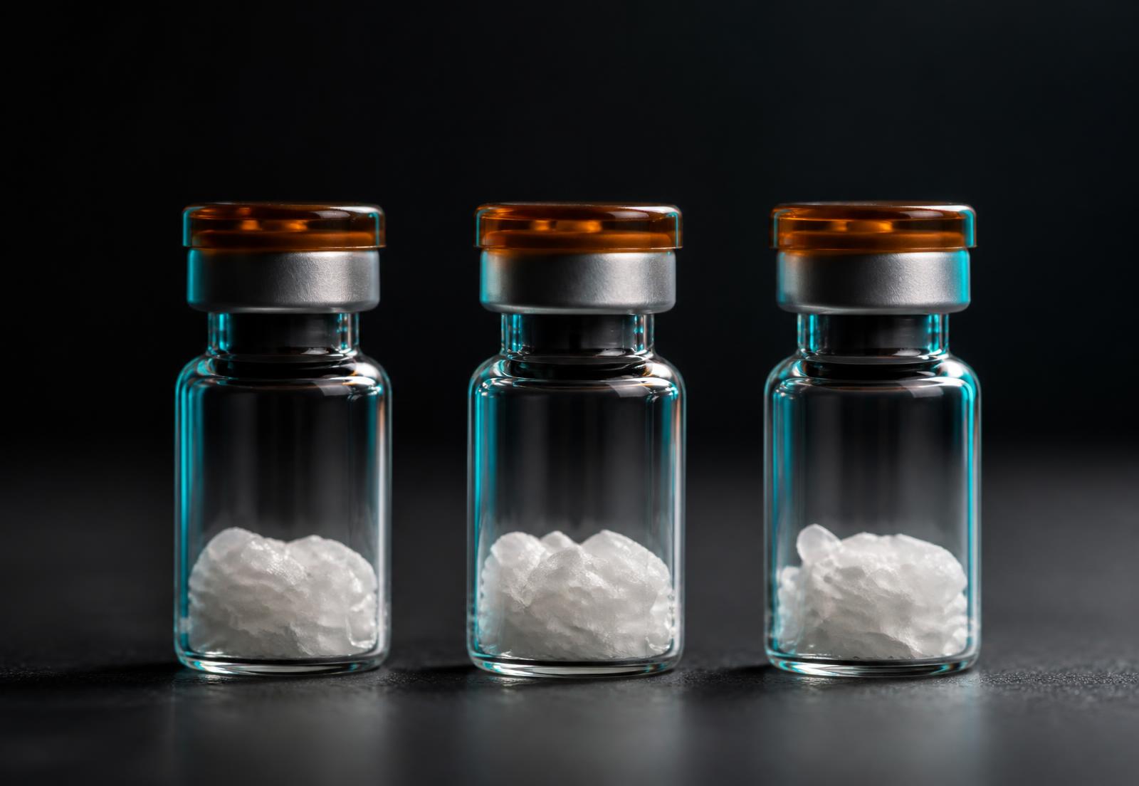Three research peptide vials with lyophilized powder on a dark laboratory surface